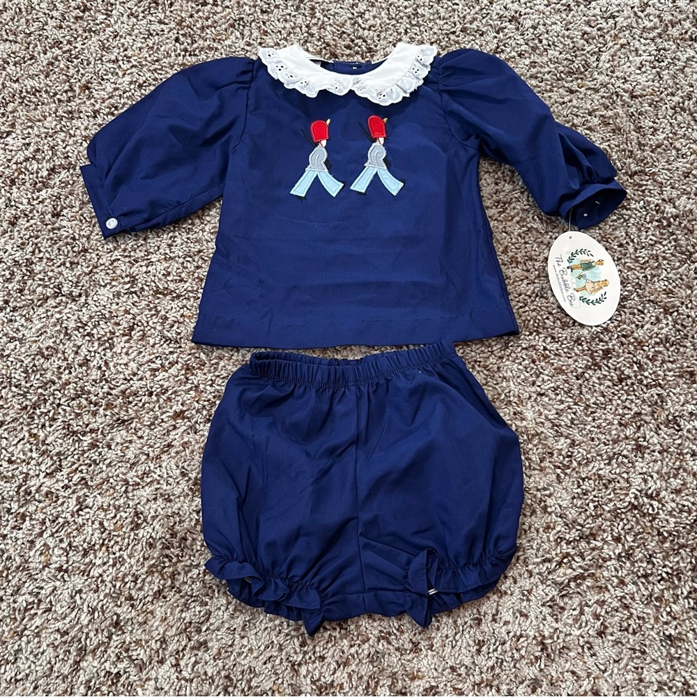 The Bubble Bee Navy Baby Outfit with Embroidered Toy Soldiers Size 9 Months NWT